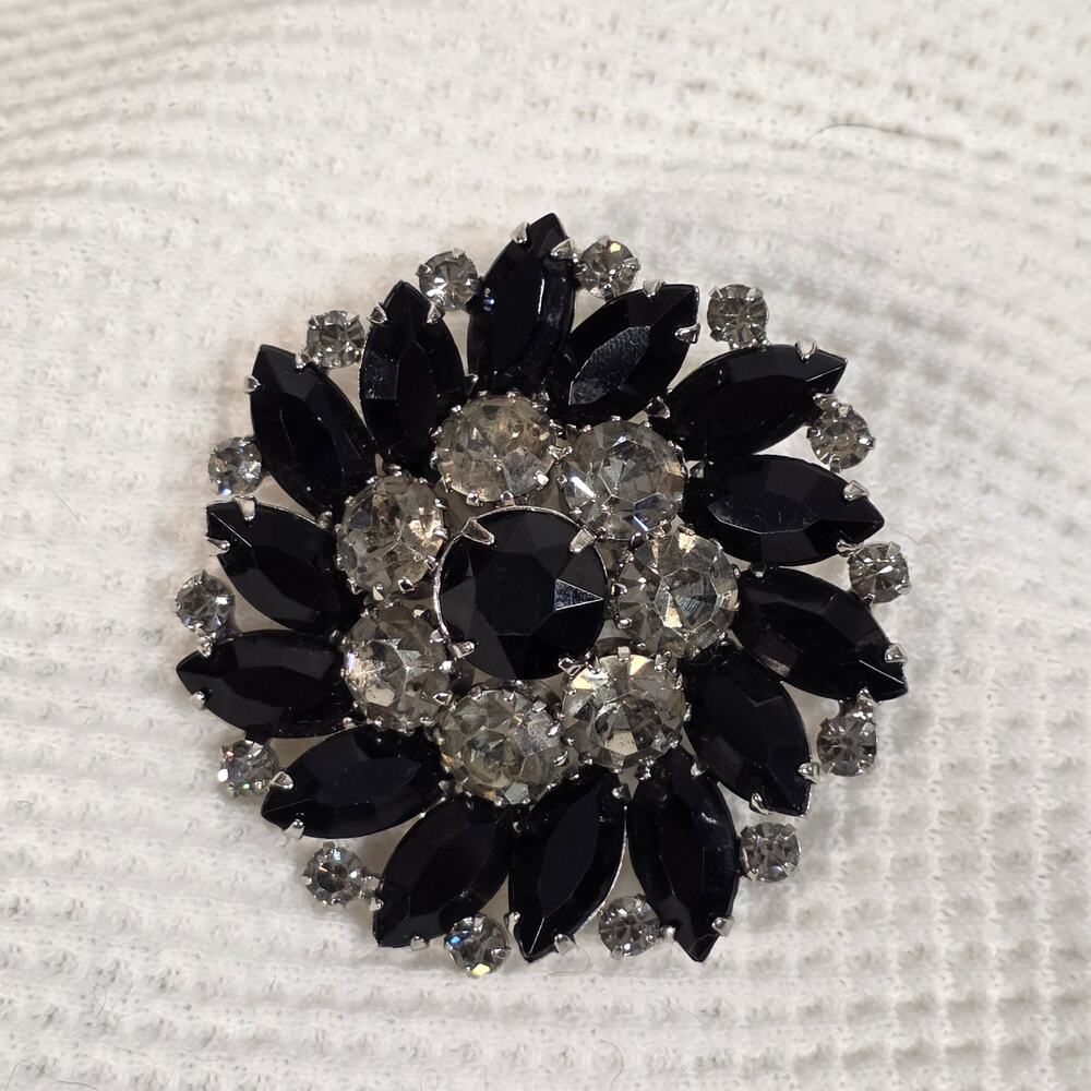 Vintage WEISS Signed Black Clear Rhinestone Flower Brooch Silver Tone Marquise